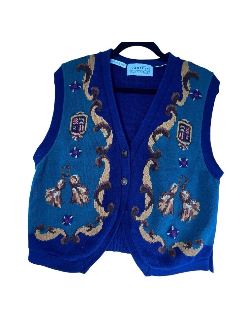 Vtg Jantzen Sweater Vest Hand Embroidered Knit 90s Blue Buttons Front Large